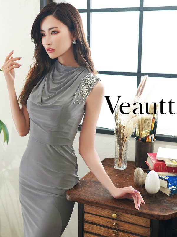 画像1: XSサイズあり【Veautt/ヴュート】【OF05】ハイネック/ ドレープ/ アシンメトリー/ ビジュー/ タイト/ ひざ丈/ ミディアム/ キャバドレス