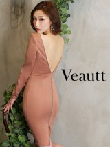 XSサイズあり【Veautt/ヴュート】【OF05】バストビジュー/ バックオープンファスナー/ ジップ/ 長袖/ 袖あり/ スリット/ ひざ丈/ タイト/ ミディアムドレス/ キャバドレス