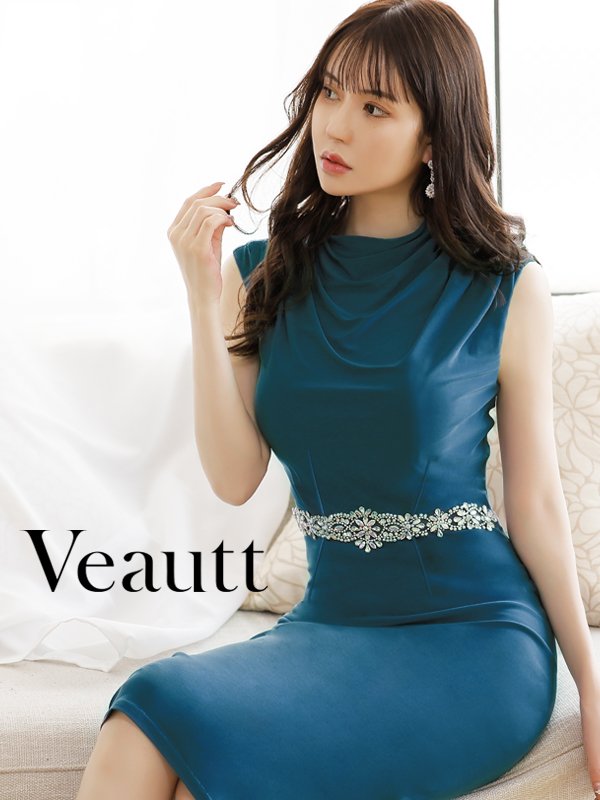 画像14: XSサイズあり【Veautt/ヴュート】【OF05】ハイネック/ ドレープ/ ウエストビジュー/ Vバック/ タイト/ ひざ丈/ ミディアム/ キャバドレス