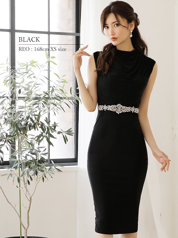 XSサイズあり【Veautt/ヴュート】【OF05】ハイネック/ ドレープ/ ウエストビジュー/ Vバック/ タイト/ ひざ丈/ ミディアム/ キャバドレス ブラック