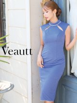 XSサイズあり【Veautt/ヴュート】【OF05】ネックビジュー/ バックオープン/ ラメ/ スリットファスナー/ ワンカラー/ ひざ丈/ タイト/ ミディアムドレス/ キャバドレス