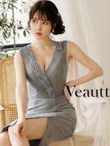 XSサイズあり【Veautt/ヴュート】【OF05】ビジュー/ アシメ襟/ スリット/ Vネック/ ストレッチ/ ひざ丈/ ミディアム/ タイト/ キャバドレス