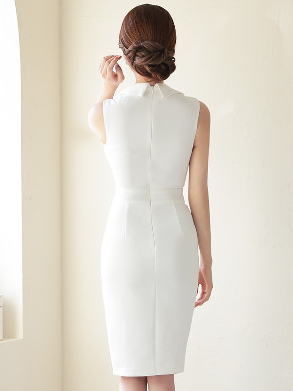 画像29: XSサイズあり【Veautt/ヴュート】【OF05】クロスダブルカラー/ ビジューボタン/ ミディアム/ ひざ丈/ ノースリーブ/ タイト/ ミディアムドレス/ キャバドレス