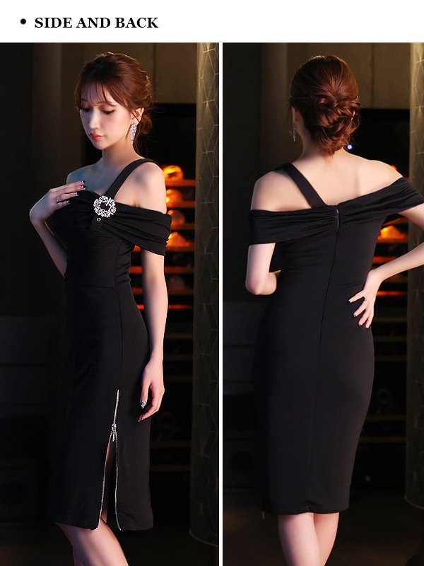 画像9: XSサイズあり【Veautt/ヴュート】【OF05】バックルデザイン/ オフショルダー/ ビジュー/ サイドファスナー/ タイト/ ミディアムドレス/ キャバドレス