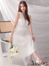 【予約商品/12月上旬-12月中旬発送予定】XSサイズあり【Veautt/ヴュート】【OF05】ノースリーブ/ ウエストフリル/ ペプラムデザイン/ チュール/ シフォン/ ロングフレア/ ミディアムドレス/ キャバドレス
