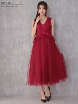 【予約商品/12月上旬-12月中旬発送予定】XSサイズあり【Veautt/ヴュート】【OF05】ノースリーブ/ ウエストフリル/ ペプラムデザイン/ チュール/ シフォン/ ロングフレア/ ミディアムドレス/ キャバドレス