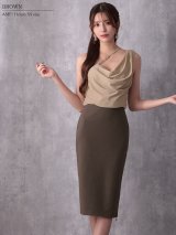 XSサイズあり【Veautt/ヴュート】ワンショルダー/ アシンメトリーデザイン/ ドレープ/ チャーム/ バイカラー/ チェーン/ サイドファスナー/ タイト/ミディアムドレス/ キャバドレス【OF05】