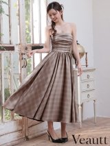 XSサイズあり【Veautt/ヴュート】【OF05】ベアトップ/ ギャザー/ チェック/ 2way/ フレア/ ワンピース/ ミディアムドレス/ キャバドレス