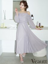 【予約商品/4月上旬-4月中旬発送予定】XSサイズあり【Veautt/ヴュート】 ロングスリーブ/ アシメショルダー/ ビジュー/ ドレープ/ ラメ/ フレア/ ミディアムドレス/ キャバドレス[OF05]
