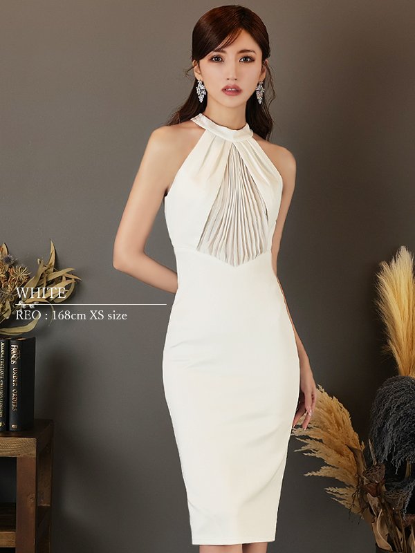 画像16: XSサイズあり【Veautt/ヴュート】【OF05】フロントシフォン/ ギャザー/ アメリカンスリーブ/ ホルター/ ハイネック/ タイト/ ひざ丈/ ミディアム/ キャバドレス