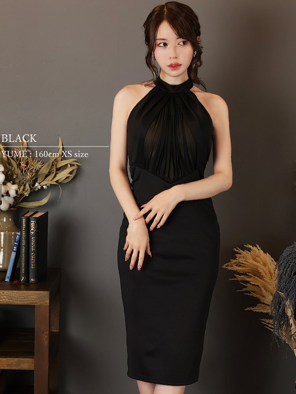 画像13: XSサイズあり【Veautt/ヴュート】【OF05】フロントシフォン/ ギャザー/ アメリカンスリーブ/ ホルター/ ハイネック/ タイト/ ひざ丈/ ミディアム/ キャバドレス