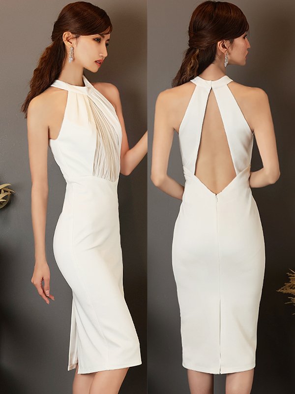 画像18: XSサイズあり【Veautt/ヴュート】【OF05】フロントシフォン/ ギャザー/ アメリカンスリーブ/ ホルター/ ハイネック/ タイト/ ひざ丈/ ミディアム/ キャバドレス