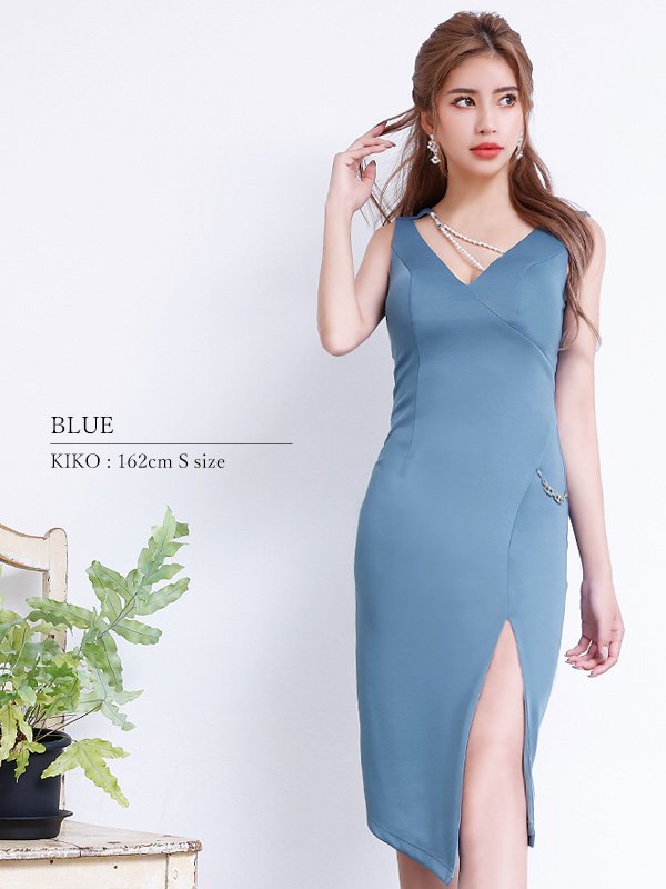 画像6: XSサイズあり【Veautt/ヴュート】【OF05】デコルテパールビジューチェーン/ スリット/ ワンカラー/ ノースリーブ/ タイト/ ミディアムドレス/ キャバドレス