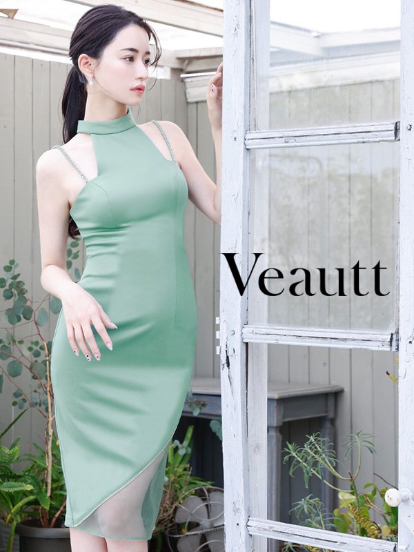 XSサイズあり【Veautt/ヴュート】【OF05】アメリカンスリーブ/ ヘムシースルーメッシュ/ ワンカラー/ ストレッチ/ タイト/ ミディアムドレス/ キャバドレス　ミントグリーン