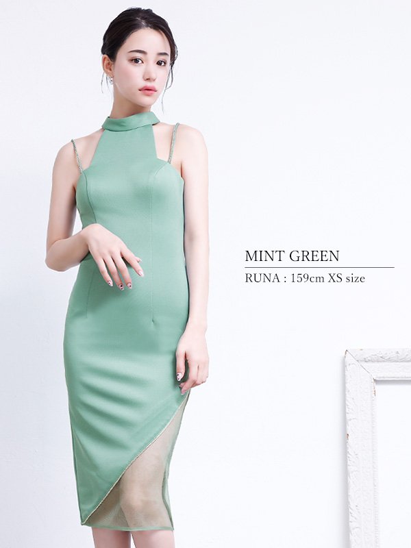 画像3: XSサイズあり【Veautt/ヴュート】【OF05】アメリカンスリーブ/ ヘムシースルーメッシュ/ ワンカラー/ ストレッチ/ タイト/ ミディアムドレス/ キャバドレス