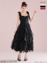 【予約商品/8月下旬発送予定】Lサイズあり【ROBE de FLEURS/ローブドフルール】ボリュームチュール/ ショルダーリボン/ フレア/ ミディアムドレス/ キャバドレス[OF08]