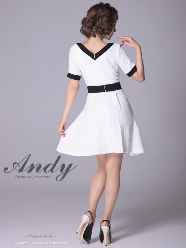 画像20: Lサイズあり【ANDY/アンディ】ツイード/ バイカラー/ 切り替えデザイン/ 半袖/ 袖あり/ スクエアネック/ ボタン/ フレア/ ミニドレス/ キャバドレス[FB03]