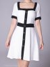 画像21: Lサイズあり【ANDY/アンディ】ツイード/ バイカラー/ 切り替えデザイン/ 半袖/ 袖あり/ スクエアネック/ ボタン/ フレア/ ミニドレス/ キャバドレス[FB03] (21)