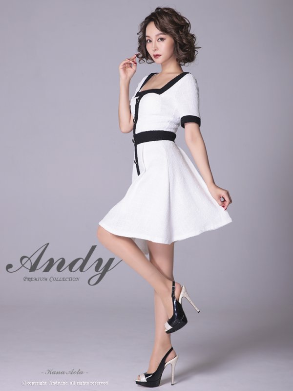 画像19: Lサイズあり【ANDY/アンディ】ツイード/ バイカラー/ 切り替えデザイン/ 半袖/ 袖あり/ スクエアネック/ ボタン/ フレア/ ミニドレス/ キャバドレス[FB03]