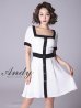 【ANDY/アンディ】ツイード/ バイカラー/ 切り替えデザイン/ 半袖/ 袖あり/ スクエアネック/ ボタン/ フレア/ ミニドレス/ キャバドレス[OF05]　ホワイトブラック