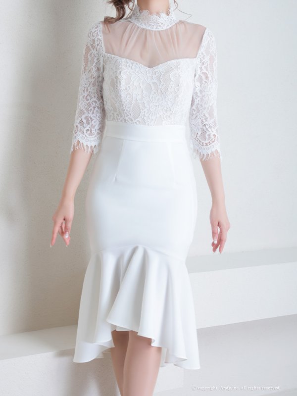 画像6: 【Andy ANDY Fashion Press 15 COLLECTION 06】マーメイド/ レース切り替え/ デコルテシアー/ ハイネック/ 七分袖/ 長袖/ 袖あり/ ワンカラー/ フィッシュテール/ フリル/ ミディアムドレス/ キャバドレス[OF05]