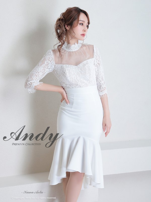 画像2: 【Andy ANDY Fashion Press 15 COLLECTION 06】マーメイド/ レース切り替え/ デコルテシアー/ ハイネック/ 七分袖/ 長袖/ 袖あり/ ワンカラー/ フィッシュテール/ フリル/ ミディアムドレス/ キャバドレス[OF05]