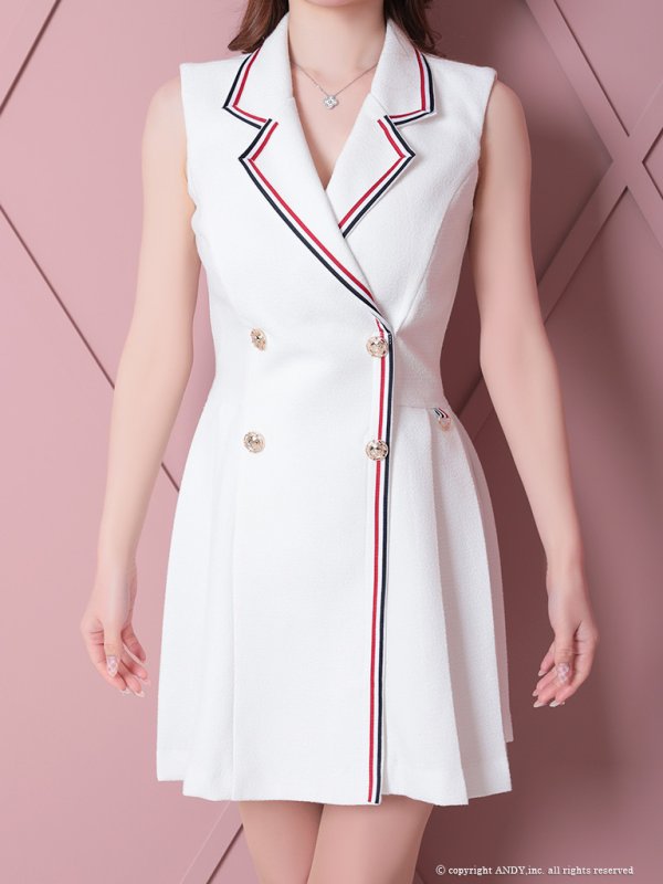 画像5: 【an/アン】襟付き/ トリコロールカラー/ マリンカラー/ ジャケット風/ ノースリーブ/ プリーツ/ フレア/ ワンピース/ ミニドレス/ キャバドレス[OF05]