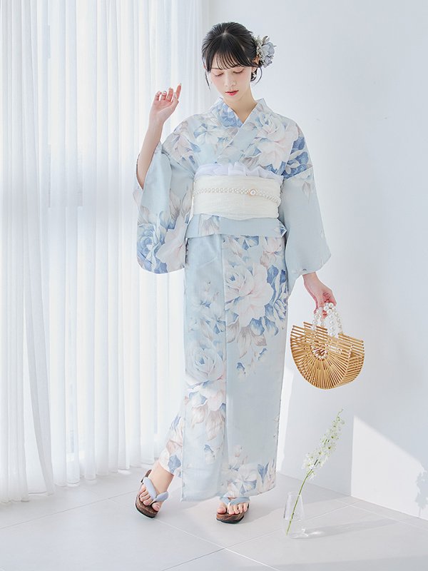 画像6: 【即日発送】クラシカルローズブルー浴衣【浴衣３点セット 浴衣/帯/下駄】[YMT]