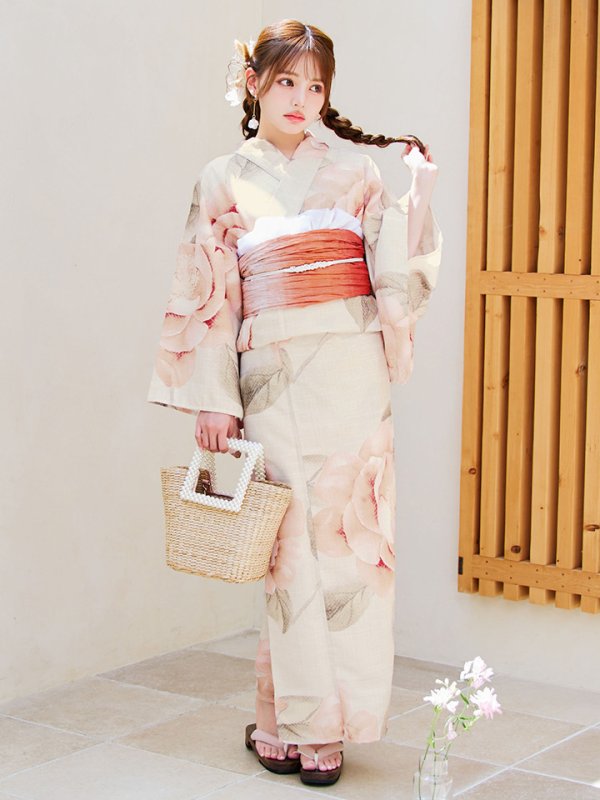 画像3: 【即日発送】ピンクベージュ牡丹浴衣【浴衣３点セット 浴衣/帯/下駄】[YMT]