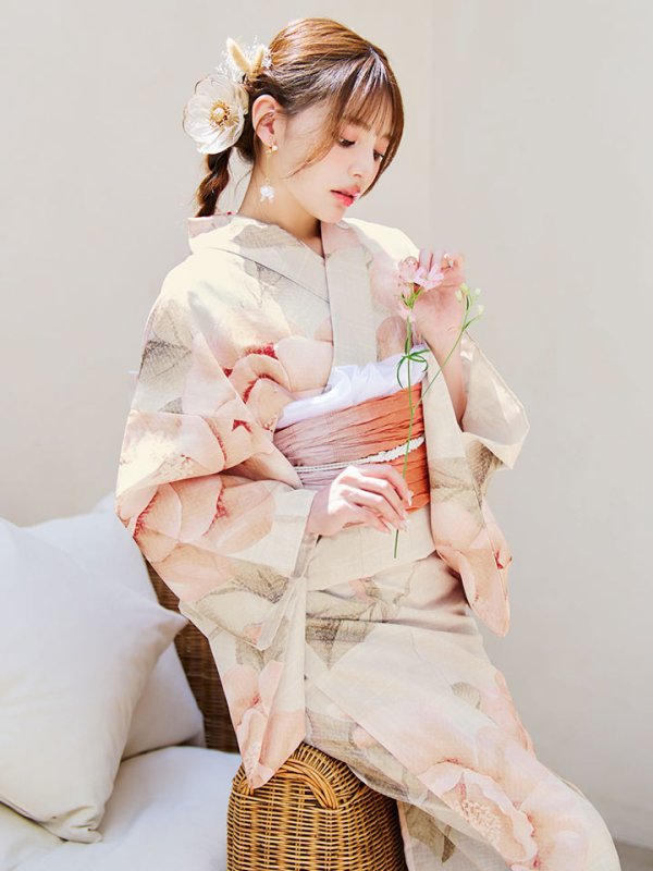 画像14: 【即日発送】ピンクベージュ牡丹浴衣【浴衣３点セット 浴衣/帯/下駄】[YMT]