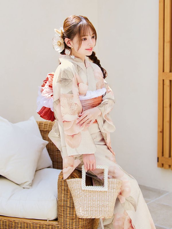 画像6: 【即日発送】ピンクベージュ牡丹浴衣【浴衣３点セット 浴衣/帯/下駄】[YMT]