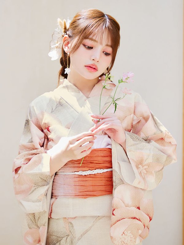 画像11: 【即日発送】ピンクベージュ牡丹浴衣【浴衣３点セット 浴衣/帯/下駄】[YMT]