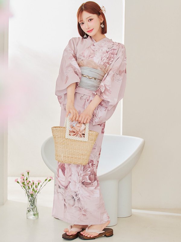 画像8: 【即日発送】くすみピンクアンティークフラワー浴衣【浴衣３点セット 浴衣/帯/下駄】[YMT]