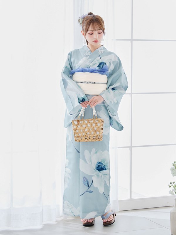 画像4: 【即日発送】ブルーホワイトフラワー柄浴衣【浴衣３点セット 浴衣/帯/下駄】[YMT]