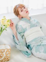 【予約 / 5月中旬発送予定】洋モダンミントグリーン浴衣 OBI-siwa-200-kj-13-OW / HIMO-900-yn-5-IV / HEKO-800-sb-5-W / YA-1069-kn-W / GETA-01-kj-3-IV/ [y/YMT]