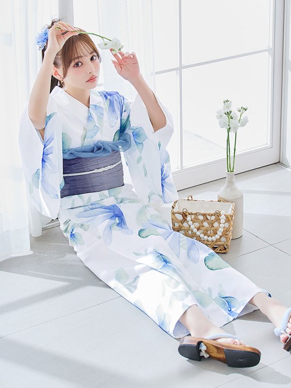 画像12: 【即日発送】水彩ガーベラ柄浴衣【浴衣３点セット 浴衣/帯/下駄】[YMT]