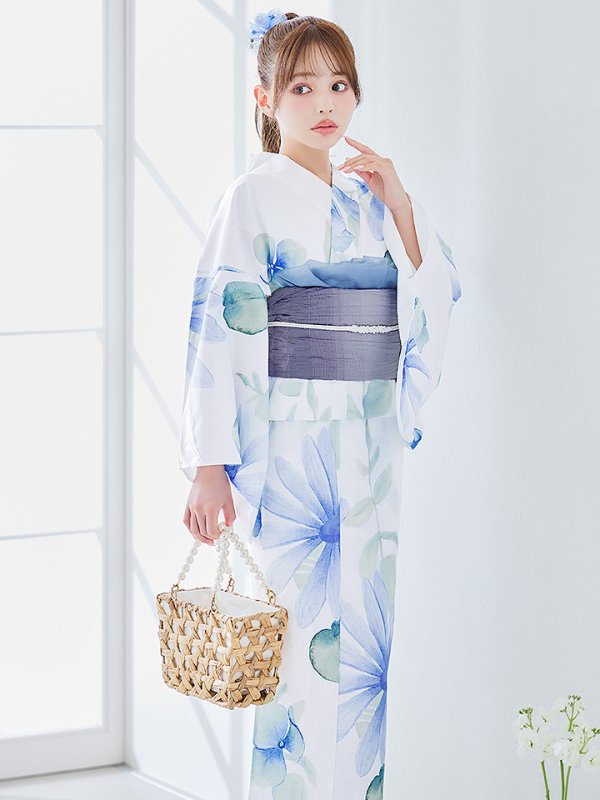 画像2: 水彩ガーベラ柄浴衣 OBI-g-500-kj-8-GY / HIMO-900-yn-5-IV / HEKO-800-sb-8-DusBL / YA-1067-kn-BL / GETA-01-kj-2-BL/ [YMT]