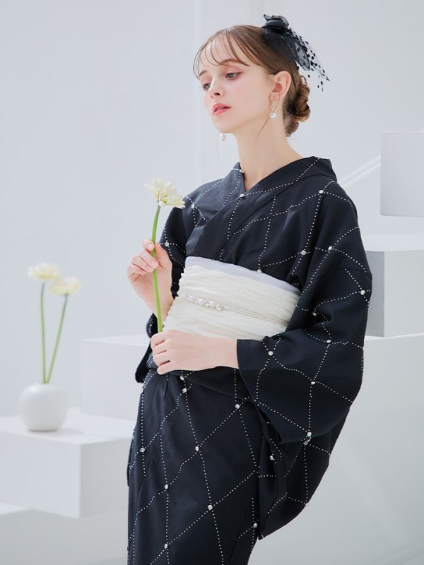 画像2: 【予約 / 5月下旬発送予定】アーガイルビジュー浴衣 OBI-siwa-204-wk-12-OW / HIMO-906-yn-PEARL / HEKO-800-sb-5-W / YA-1080-kj-B / GETA-01-kj-1-B/ [yo/YMT]
