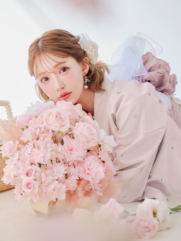 画像1: 【予約 / 5月中旬発送予定】アーガイルビジュー浴衣 OBI-siwa-204-wk-9-DusP / HIMO-906-yn-PEARL / HEKO-800-sb-5-W / YA-1075-kn-BE / GETA-01-kj-7-P/ [yo/YMT]