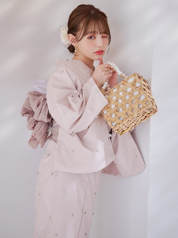 画像1: アーガイルビジュー浴衣【浴衣３点セット 浴衣/帯/下駄】OBI-siwa-204-wk-14-DusP / HIMO-906-yn-PEARL / HEKO-800-sb-5-W / YA-1075-kn-BE / GETA-01-kj-7-P/ [YMT]