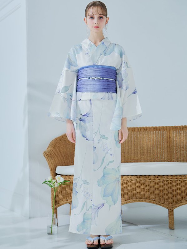 画像4: 【即日発送】【浴衣セール！】水彩百合ナチュラルブルー浴衣【浴衣３点セット 浴衣/帯/下駄】[YMT]