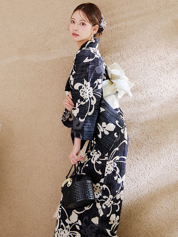 画像11: 【即日発送】黒地ストライプ彼岸花浴衣 【浴衣３点セット 浴衣/帯/下駄】[y/YMT]