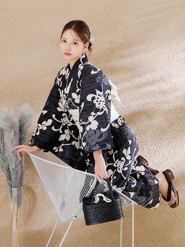 画像14: 【即日発送】黒地ストライプ彼岸花浴衣 【浴衣３点セット 浴衣/帯/下駄】[y/YMT]