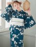 画像1: 【即日発送】藍色椿桜柄浴衣【浴衣３点セット 浴衣/帯/下駄】[YMT] (1)