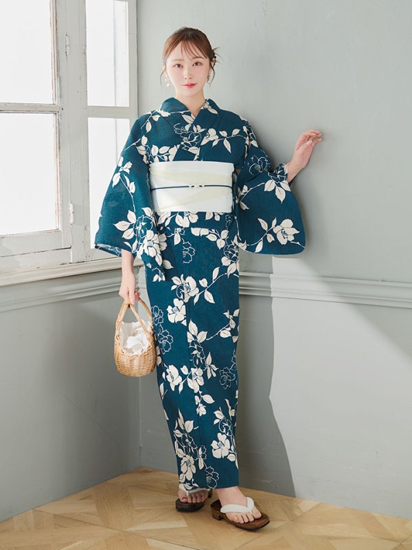 画像6: 【即日発送】藍色椿桜柄浴衣【浴衣３点セット 浴衣/帯/下駄】[YMT]