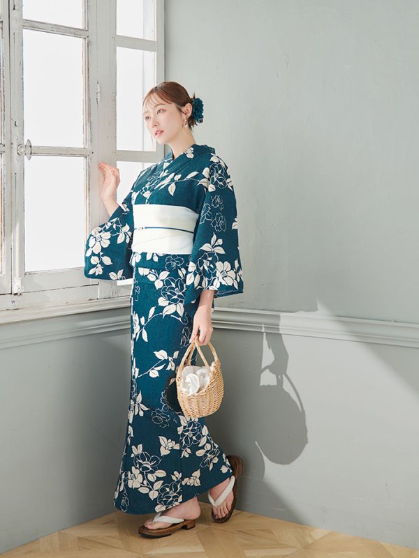 画像8: 【即日発送】藍色椿桜柄浴衣【浴衣３点セット 浴衣/帯/下駄】[YMT]