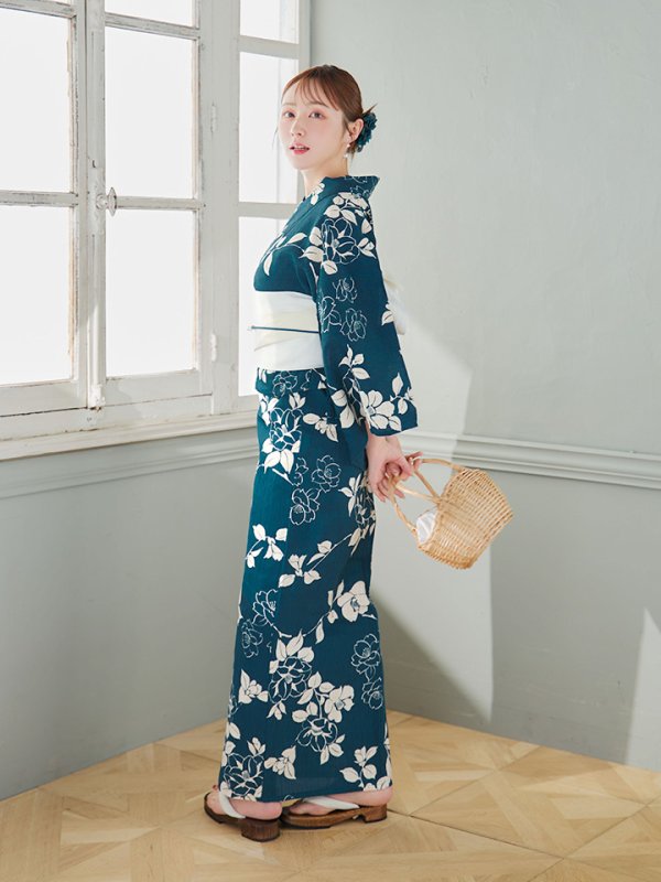 画像9: 【即日発送】藍色椿桜柄浴衣【浴衣３点セット 浴衣/帯/下駄】[YMT]