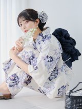 【予約 / 5月中旬発送予定】牡丹流れる清流浴衣 OBI-siwa-204-wk-4-NV / HIMO-900-yn-1-B / / YA-953-kn-BL / GETA-01-kj-2-BL/ [/OF01]