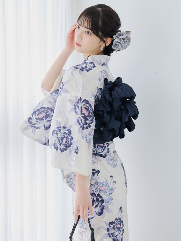 画像2: 【予約 / 5月中旬発送予定】牡丹流れる清流浴衣 OBI-siwa-204-wk-4-NV / HIMO-900-yn-1-B / / YA-953-kn-BL / GETA-01-kj-2-BL/ [/OF01]