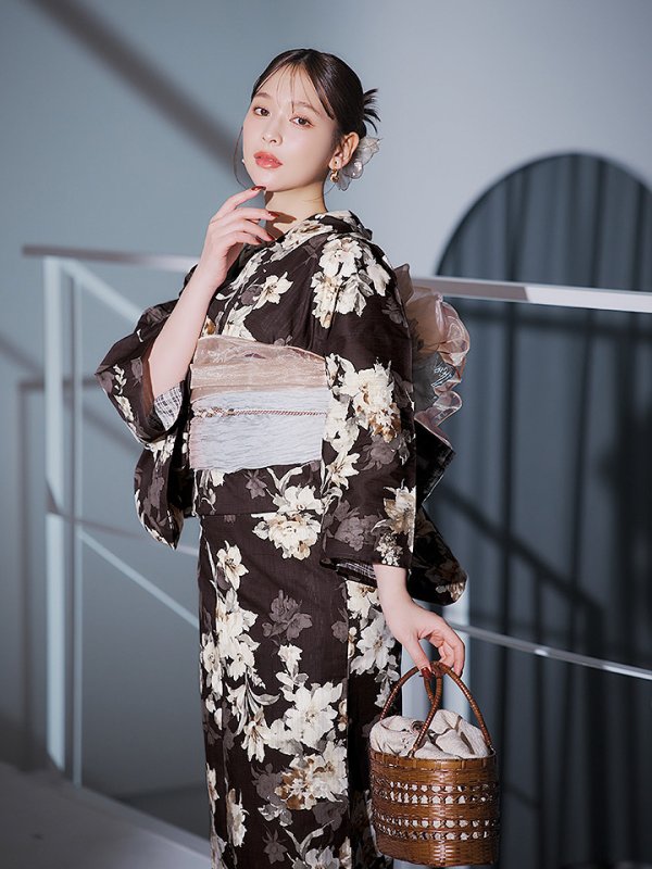 画像10: 【即日発送】ブラウン地の宵染牡丹浴衣【浴衣３点セット 浴衣/帯/下駄】[YMT]